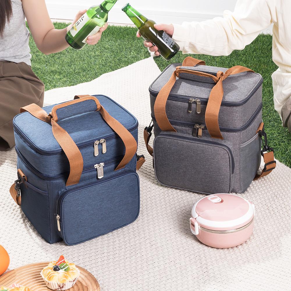 Double Layer Crossbody Lunch Bags Large Capacity Cooler Thermal Insulation Picnic Food Beverage Bag Outdoor Ice Bag Travel Bag