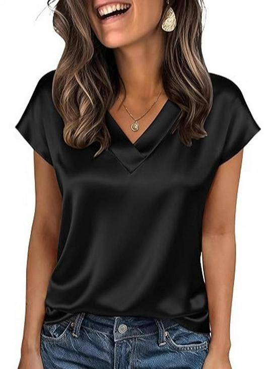Women's V-Neck Satin T-Shirt - 12 Colors, Spring/Summer Fashion, Casual European/American Style