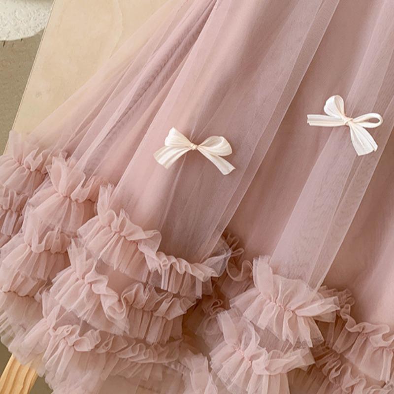 Girls' Summer Sleeveless Three-dimensional Bow Mesh Dress