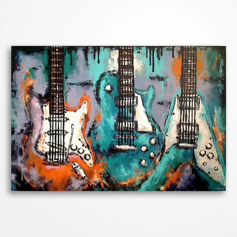 Graffiti Abstract Instrument Guitar Canvas Painting Fashion Music Electric/Wooden Guitar Wall Art Pictures Home Bar Shop Decor