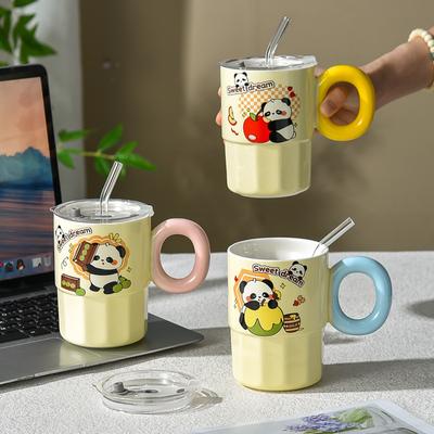 Panda Cute Girl Mug Ceramic with Lid Couple Large Capacity Drinking Water Handle Cup Straw Direct Drinking Dual Purpose