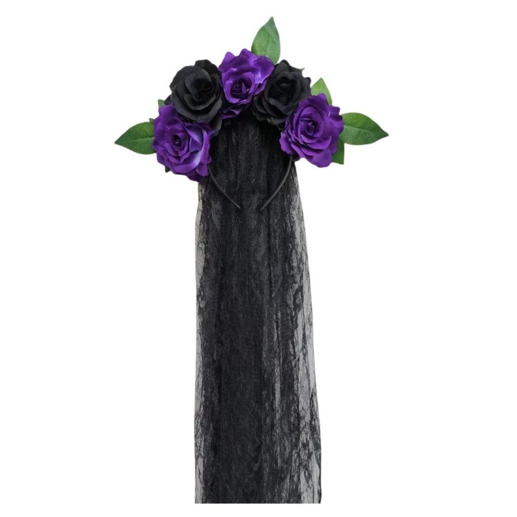 Halloween Headband Wreath Simulated Rose Flower Headband Lace Veil Bridal Party Headband Headband