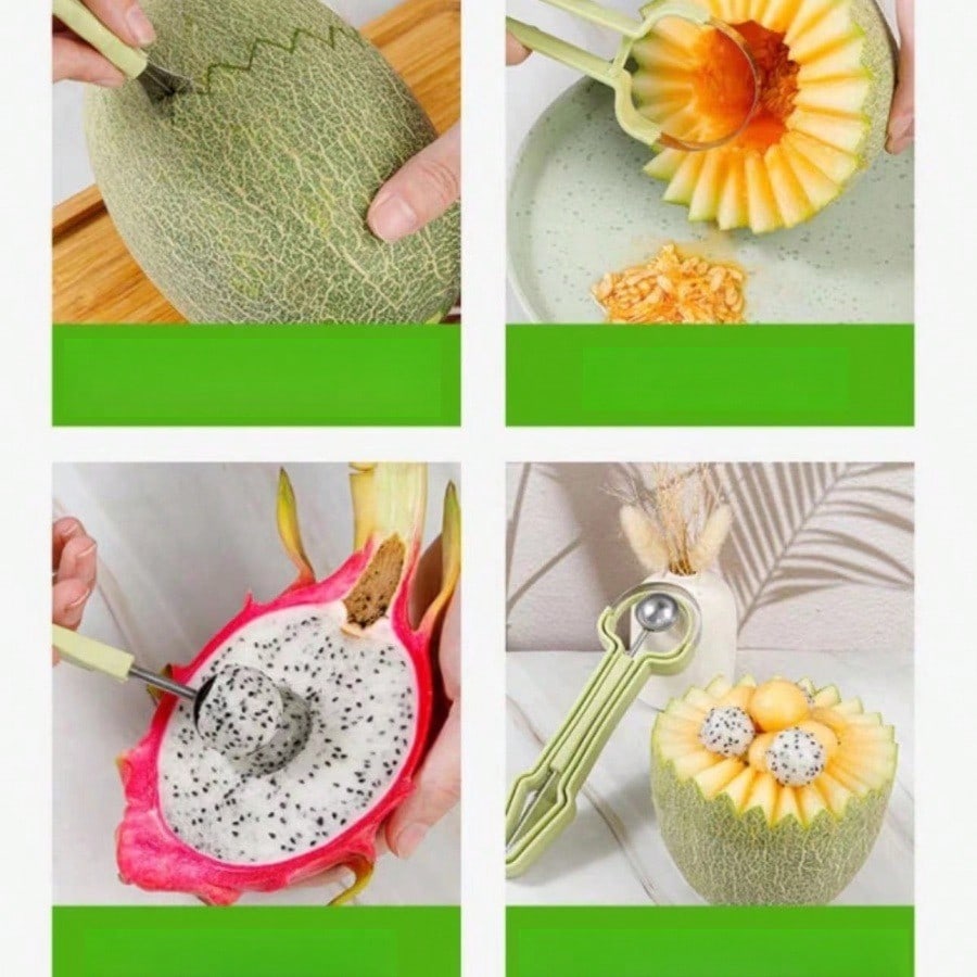 3-In-1 Fruit Carving Tool Knife Set, Professional Stainless Steel Melon Ball Spoon Set, Double-Sided Melon Ball Spoon
