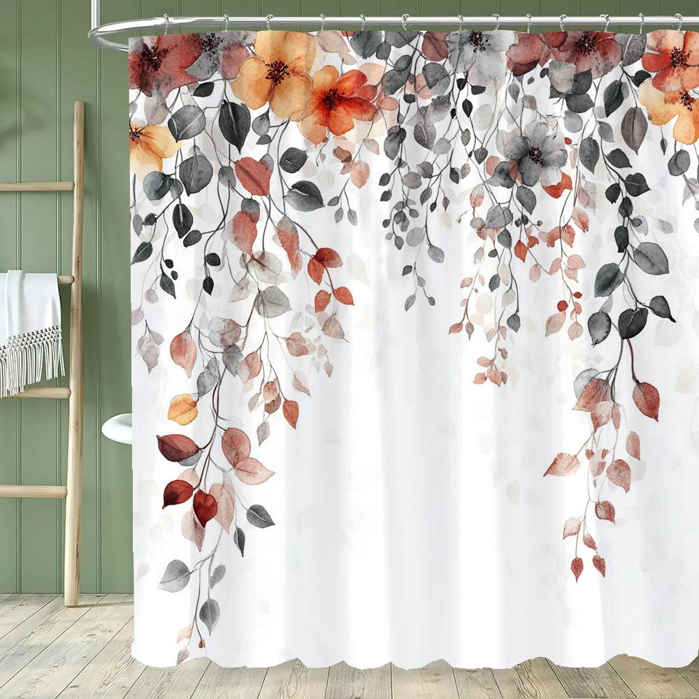 1PC Blue Flowers and Butterflies Shower Curtain,  Floral and Leaf Bathroom Decorative Curtain,Polyester Home Curtain with Hooks