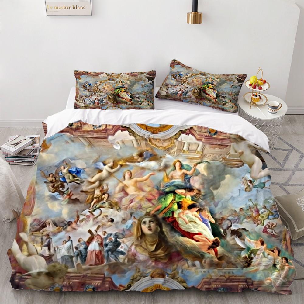 2/3-teiliges Bettwäscheset mit Ölgemälde von Engeln, antike Kunst, Bettbezug, Cartoon-Motiv, warmer Bettbezug, Kinderschlafzimmer, Bettbezug-Set, Grün