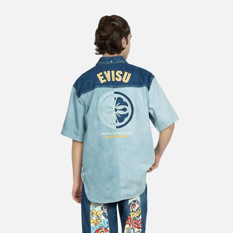 Evisu Patchwork Logo Printed Floral Short Sleeve Shirt Men shirts Denim-Blue 2ESHTM3SS118LFDN