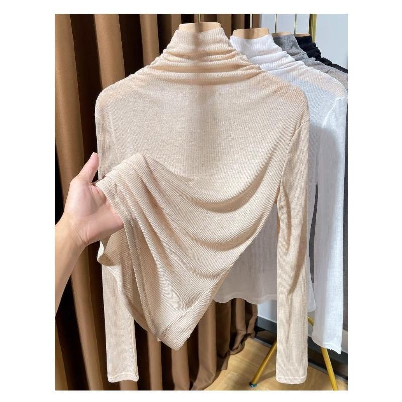Slightly See-through Collar Long-sleeved Women's Autumn Fashionable Layered Tops with Base Layers