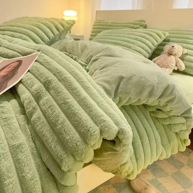1.2M Bed Winter Plush Four Piece Set Double Sided AB Style Comfortable Keep Warm Quilt Cover Dormitory 3-piece Bed Sheet Set