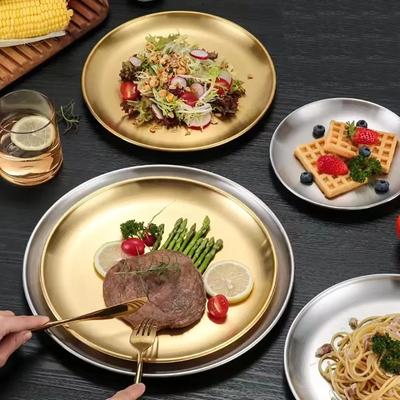 2 Stück Gold Edelstahl Metall Runde Platte Rostfrei Flache Schale Teller Camping Teller BBQ Picknick Geschirr Kochgeschirr Tafelgeschirr