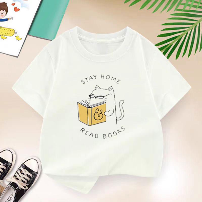 Cat Reading T-shirt for Girls Cotton Kids T Shirt Cartoons Children Casual Clothes Teen Baby Girl Summer Y2K Tops 2-14 Year