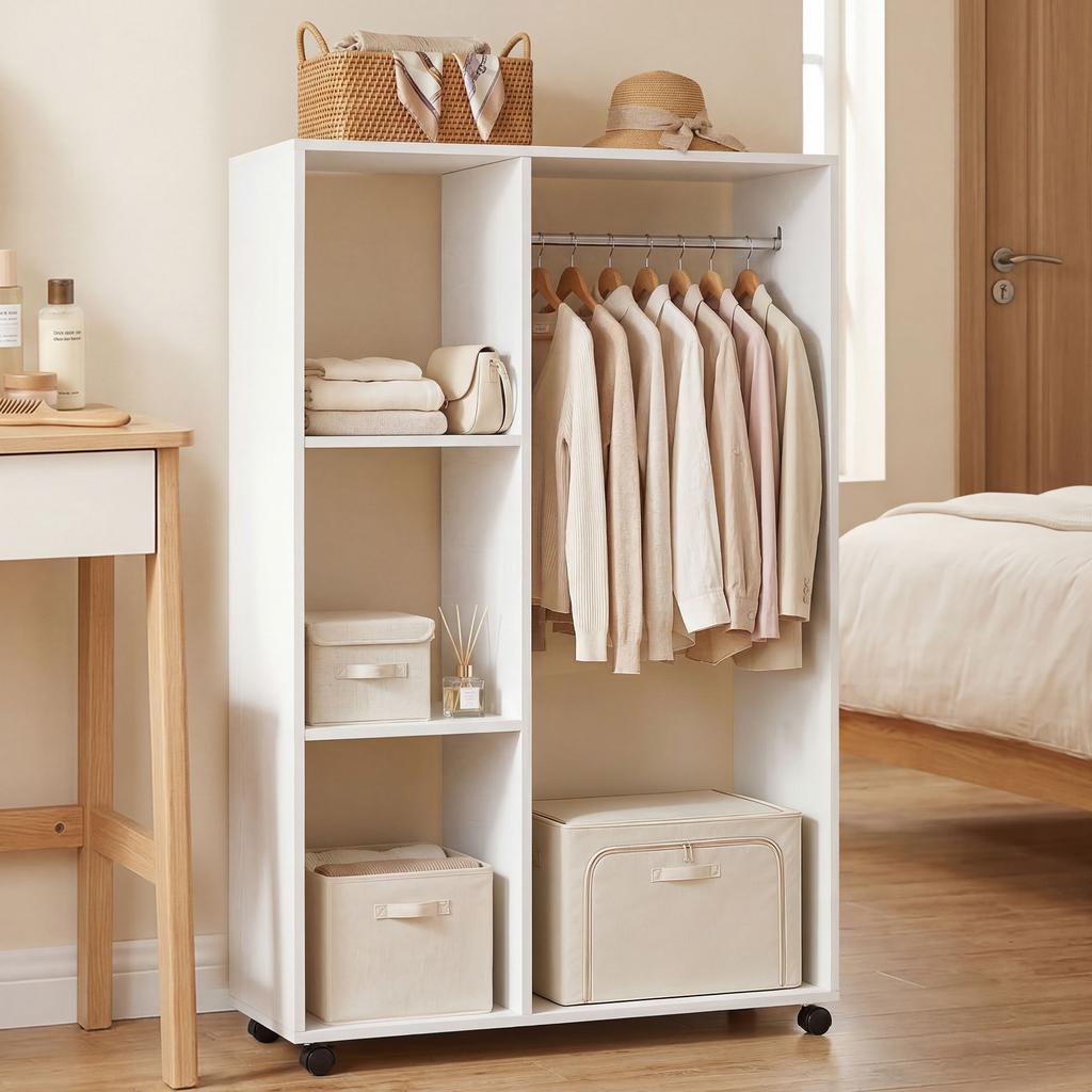 Guardaroba su Ruote, Appendiabiti Mobile, Armadio per Vestiti, Supporto per Vestiti a Rotelle, 80 x 40 x 128 cm, Bianco