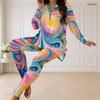 Women Plus Size Half Zip Long Sleeve Printed Gradient Longline Top And Fitted Pants Two Piece Set
