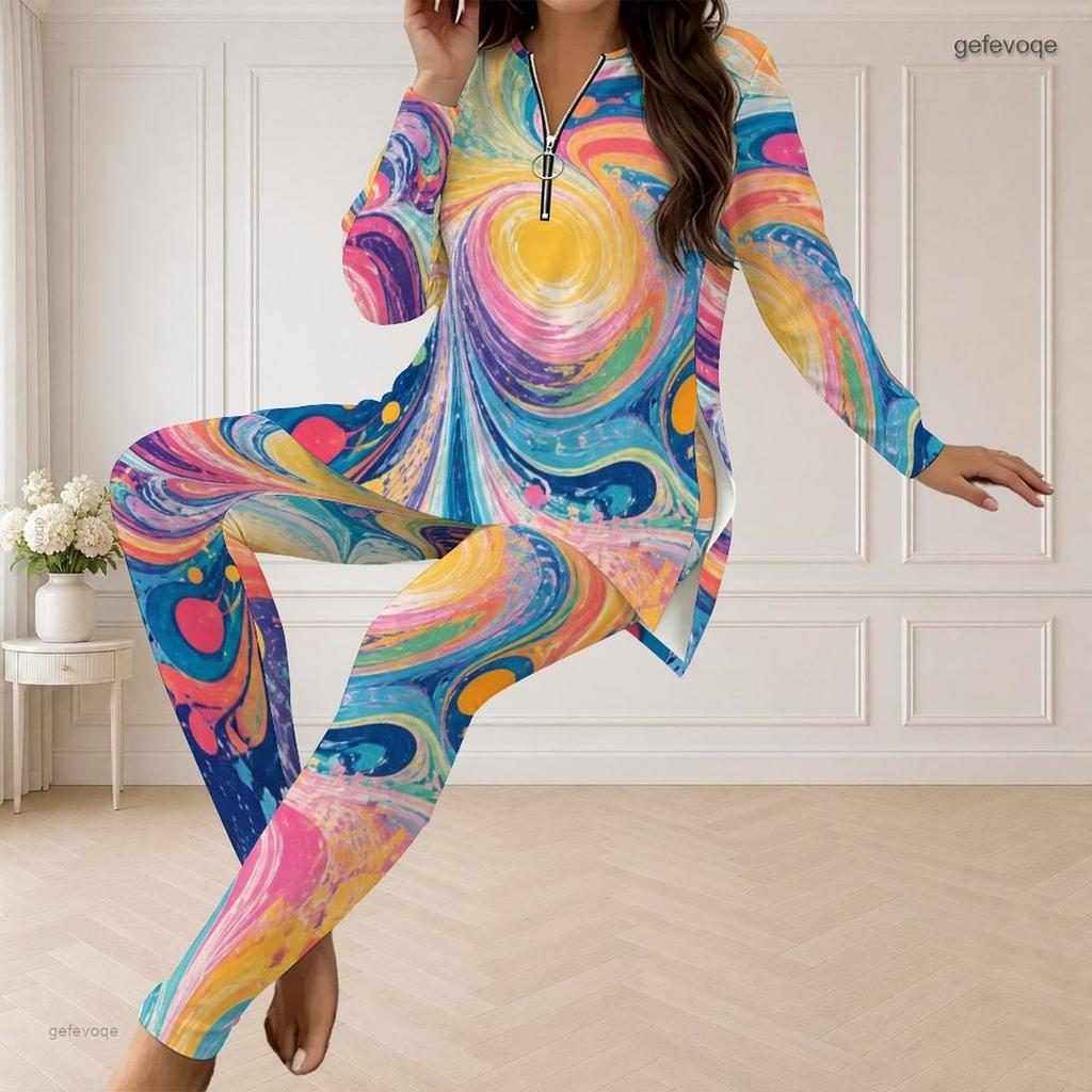 Women Plus Size Half Zip Long Sleeve Printed Gradient Longline Top And Fitted Pants Two Piece Set