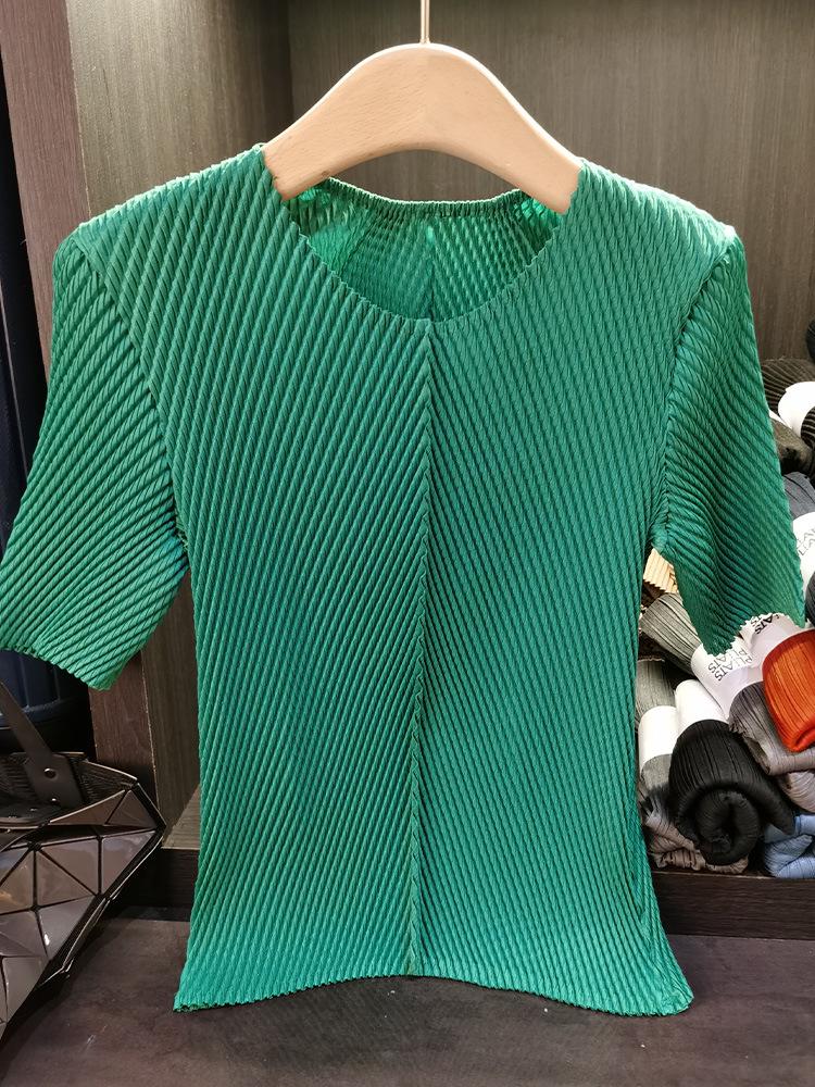 

Елегантна плісирована футболка з коротким рукавом Луска дракона , що робить фігуру стрункішою, для жінок – Універсальний літній топ однотонного кольору One Size