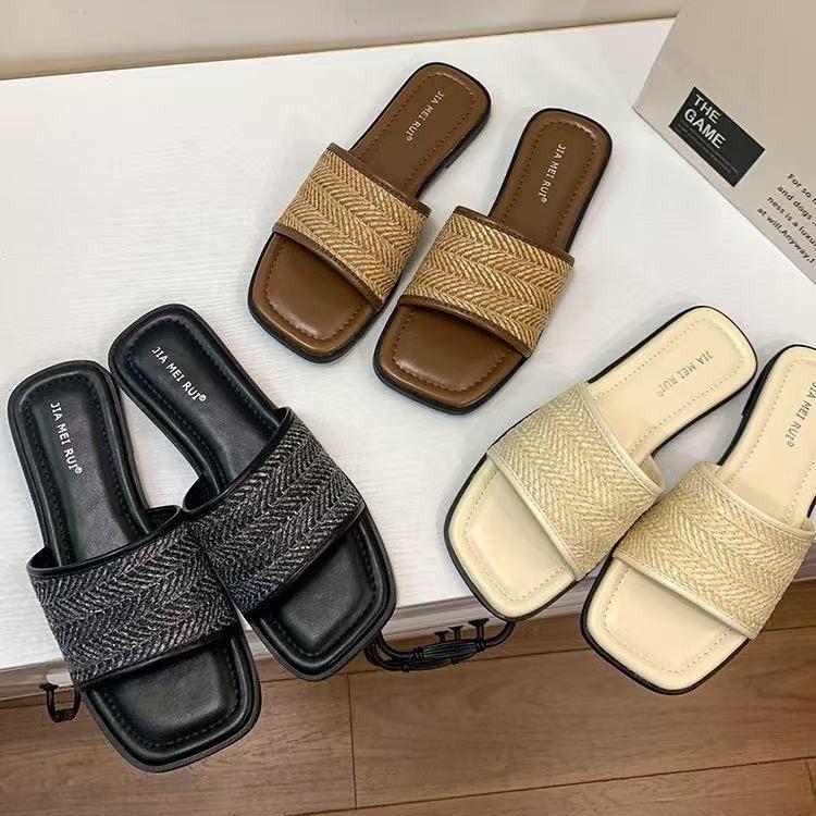 Cool Slippers Women'S Summer French Sandals Beach Soft Soled Outer Shoes Small One Word Flat Bottom Weaving