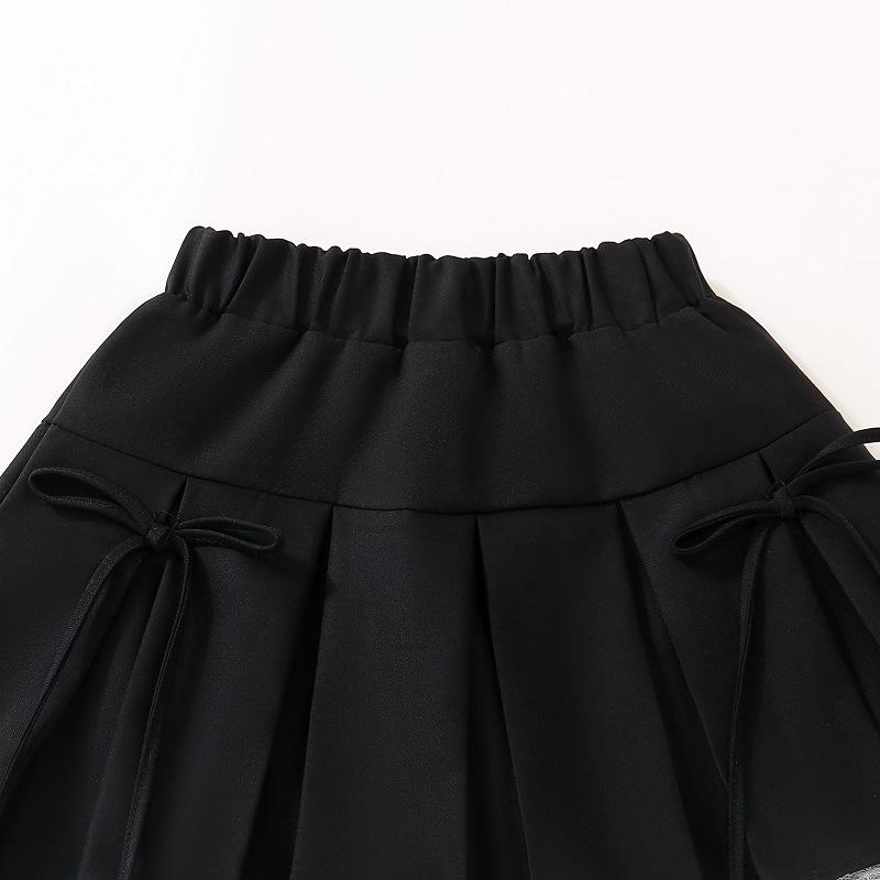 2025 Spring/Summer Girls' Korean Style Bow Lace Pleated Skirt Set