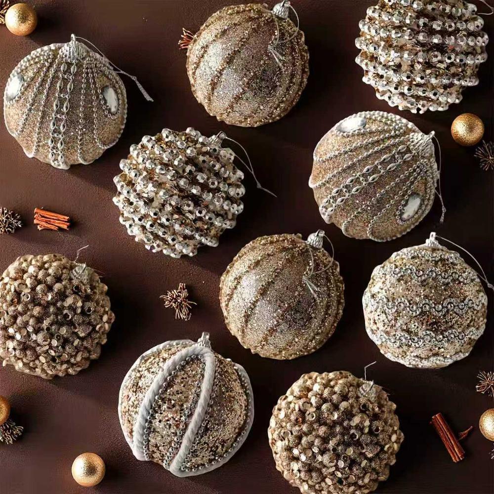 6/8PCS 8CM Sparkling Golden Christmas Balls with Sequins Foam Xmas Spheres Pendant Photo Prop