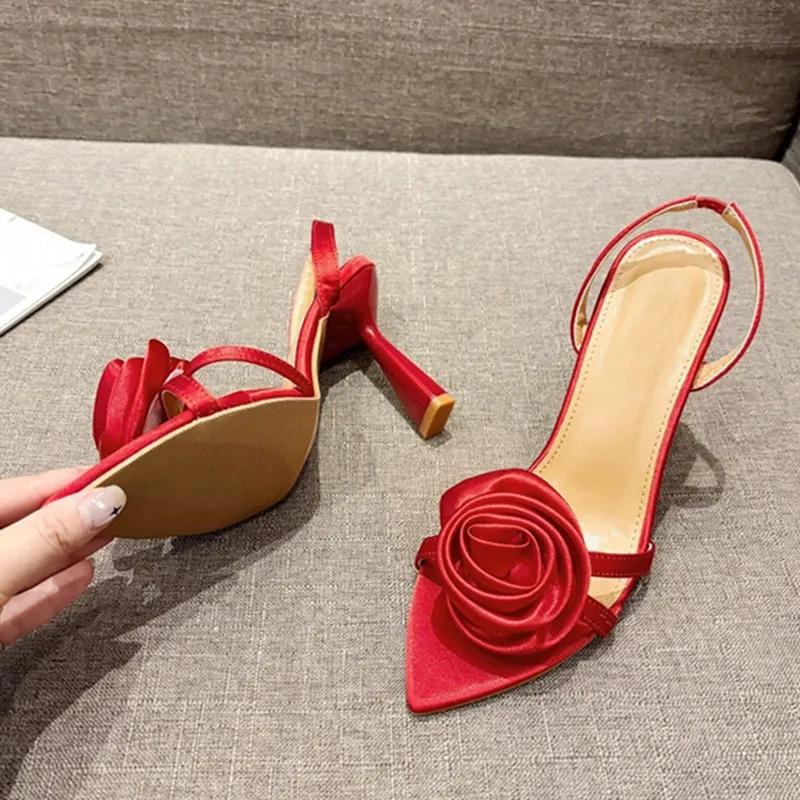Fashion Summer Fashion Silk Rose Flowers Back Strap Heeled Sandals Women Pointed Open Toe Red High Heels Wedding Prom Shoe Zapatos Mujer