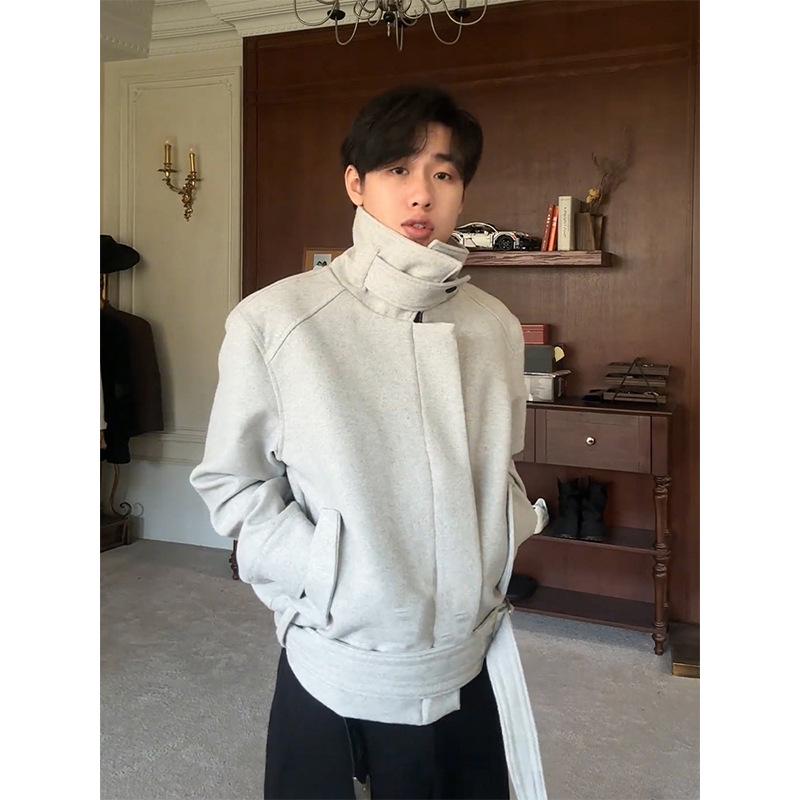 

Унисекс осенняя ретро шерстяная куртка со шнурком и утяжкой на талии M серый