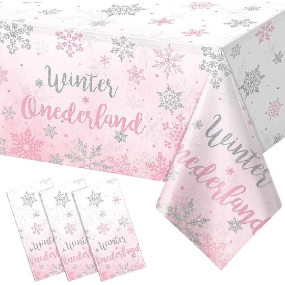 3 Pack Winter Onederland 1st Birthday Tablecloth, Disposable Pink and Silver Winter Snowflake Plastic Table Cover for Winter Onederland Girl Boy 1st 3 Pack