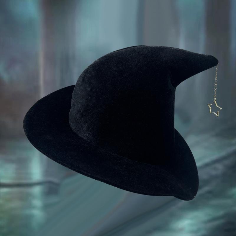 Halloween Party Velvet Witch Hats Party Wide Brim Pointed Hat Accessory Tulle Witch Hat with Star Pendant