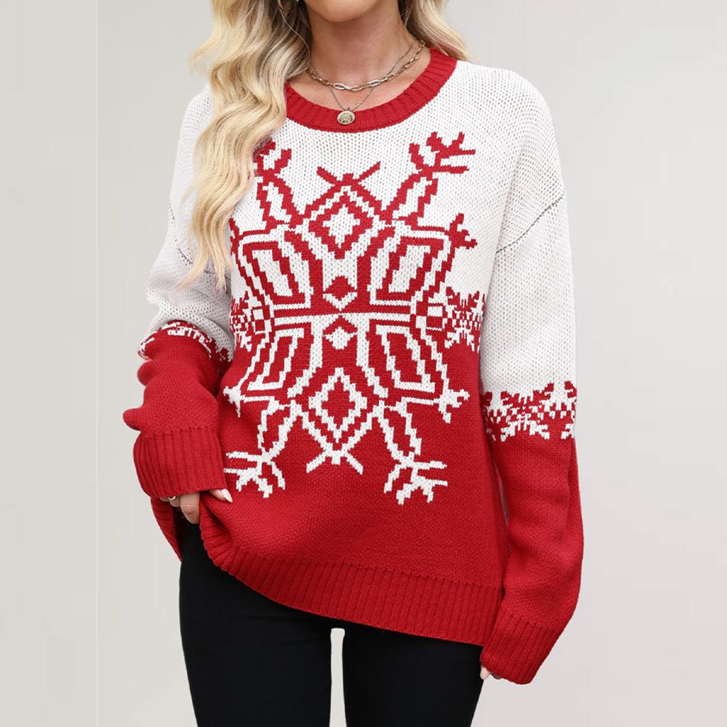 Women's Fashionable Round Neck Long Sleeved Christmas Snowflake Sweater Casual Pullover Knitted Sweater Top