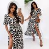 Summer New Leopard Print V-ne Long Sleeve Belted Dress for Women European and American Style