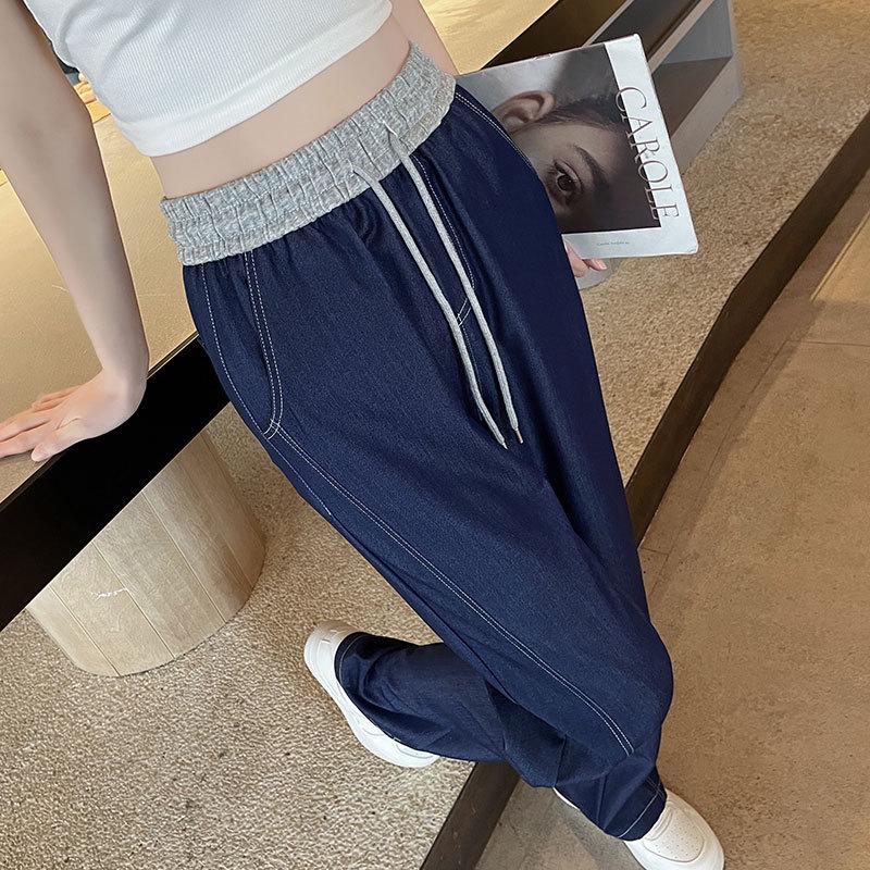 Plus Size Women's Dark Blue Wide Leg Jeans with Contrast Stitch & Drawstring High Waist