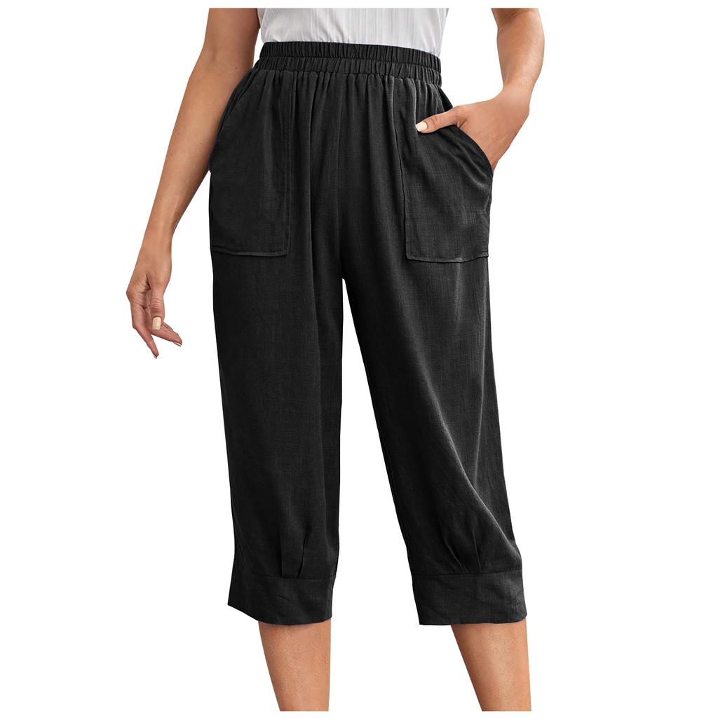 Spring and Autumn Solid Color Large Pocket Pants Elastic Waist Loose Women’s Trousers