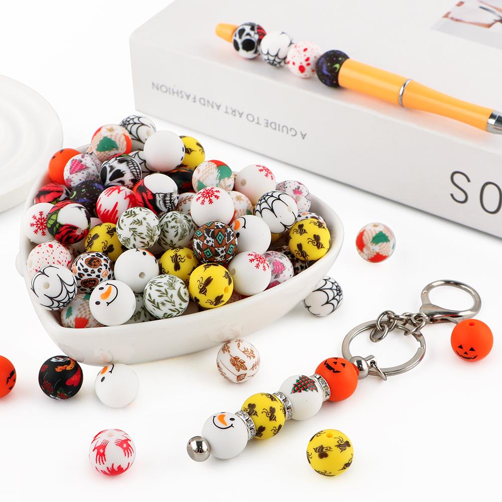 NEW Christmas Series Printed Silicone Beads 20Pcs/15mm  DIY Keychain Necklace Bracelet Accessories For Jewelry Making