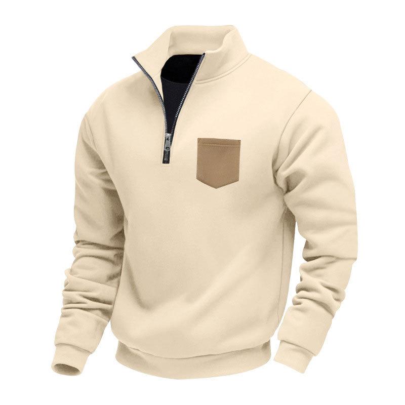 New Autumn/Winter Heavyweight Fleece-Lined Oversized Solid-Colour Patch Pocket Half-Zip Stand-Up Collar Men's Sweatshirt