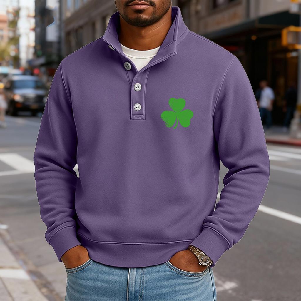 Men's Casual Stand-Up Collar Long-Sleeve Top Print Button-Down Sweatshirt