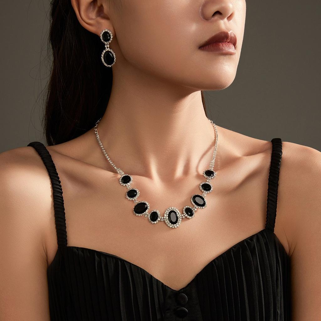 Exquisite Luxury Rhinestone Necklace Earrings Set, Fashionable Zircon Necklace Earrings Two-piece Set