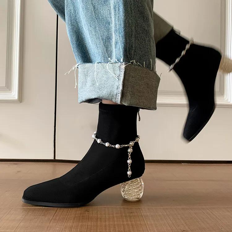 Fashion Thick Heeled Square Toe Pearl/chain Elastic Slim Fit Boots  Autumn and Winter Black Beige Fashion Women's Short Boots Size 34-42
