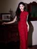 2025 Retro Red Rose Pattern Cheongsam: Dark Copper Silk Jacquard Long Gown