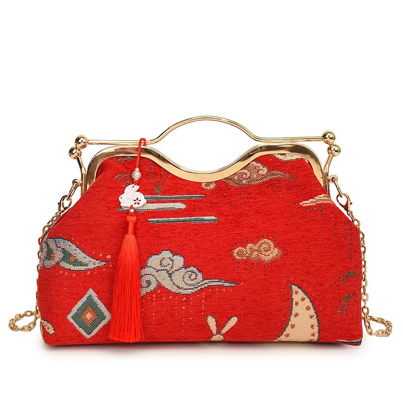 Nouveau Sac à Main Brodé Élégant Mode Femme Poignée Métallique Sac d'Épaule avec Longue Chaîne Sac Bandoulière Cadeau Dames portefeuille
