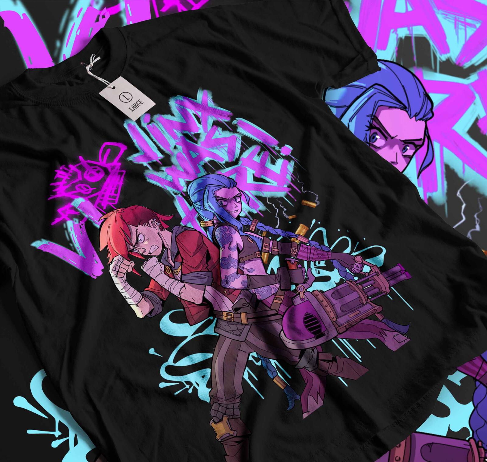 Jinx Arcane T-Shirt Mens Womens Tees Top Japanese Anime Cartoon Jinx Black T-Shirt Mens Womens Tees Top Unisex  094 L