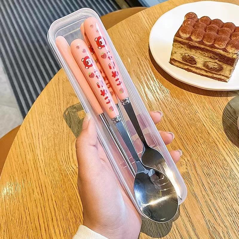 Ensemble de couverts portables en acier inoxydable, fourchettes, cuillères, baguettes, vache de dessin animé fraise, couverts de pique-nique en plein air, ustensiles de cuisine