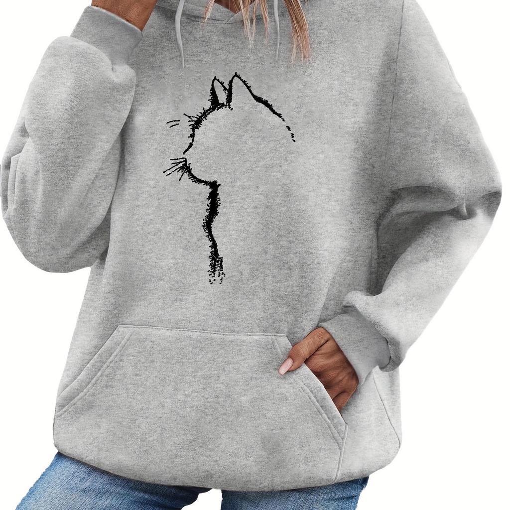 Women's Autumn and Winter Warm, Loose, Casual, Personalized Cat Pattern Printed Velvet Long Sleeved Hooded Sweatshirt
