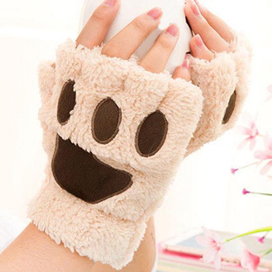 Winter Girl Cute Bear Cats Claw Cashmere Neck Hanging Half Finger Gloves Mittens
