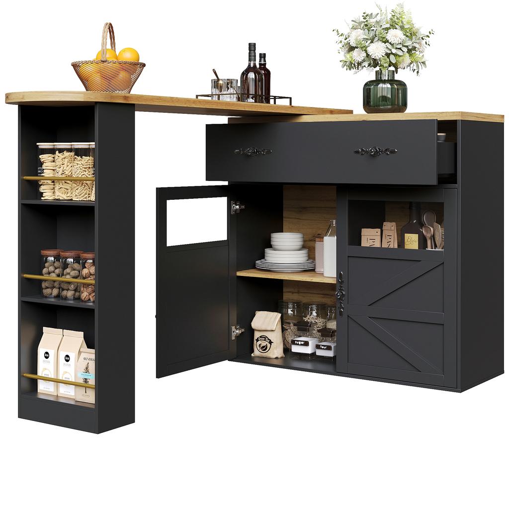 Extendable bar table with storage (138-204×39×104cm), 360° rotatable dining bar, kitchen island bistro table, sideboard cabinet with shelves, black