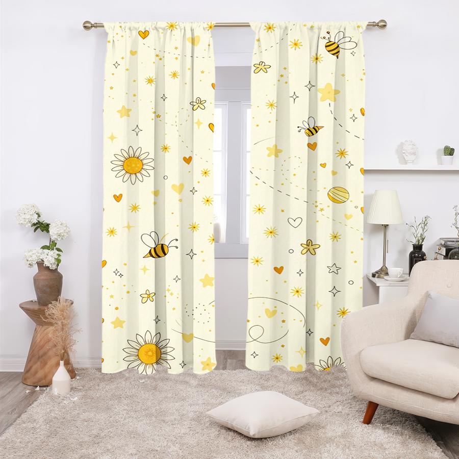 2PCS, Multicolor, Whimsical Bee and Daisy Celestial Print Curtains, for Bedroom and Living Room, Rod Pocket Style