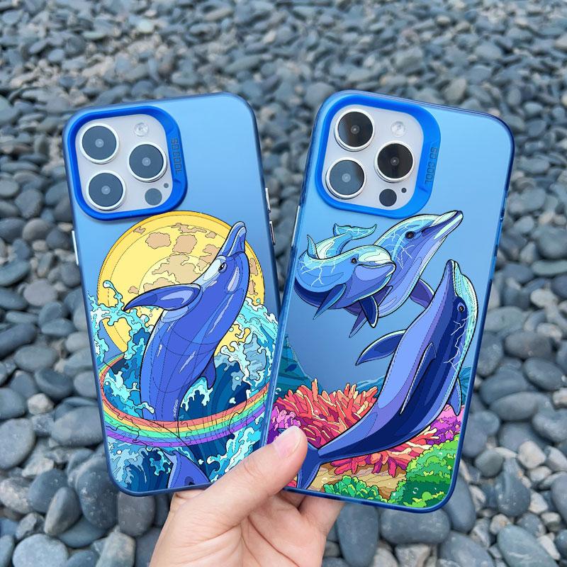 Summer Ocean Dolphin Print Phone Case For iPhone 16 15 13 12 11 Pro Max 16 14 Plus Pro Max 13 Mini Shockproof Bumper Laser Cover