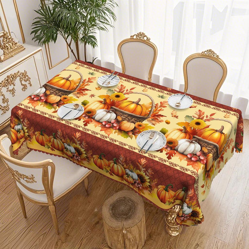 Autumn Harvest Maple Leaf And Pumpkin Tablecloth - Polyester Fabric, Round Thanksgiving Sunflower Design For Dining Tables