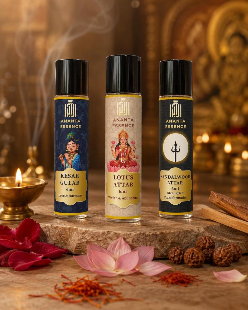 Ananta Essence Kesar Gulab, Lotus & Sandalwood Attar Combo 6ml Roll-On Perfume Oil Set