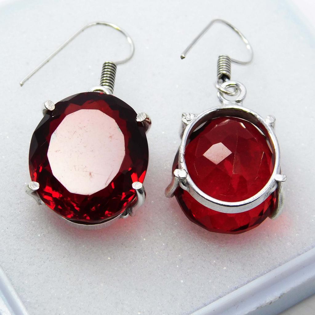 Vintage Dangel Earrings 32 Ct Red Ruby 925 Sterling Silver Certified Lab Created