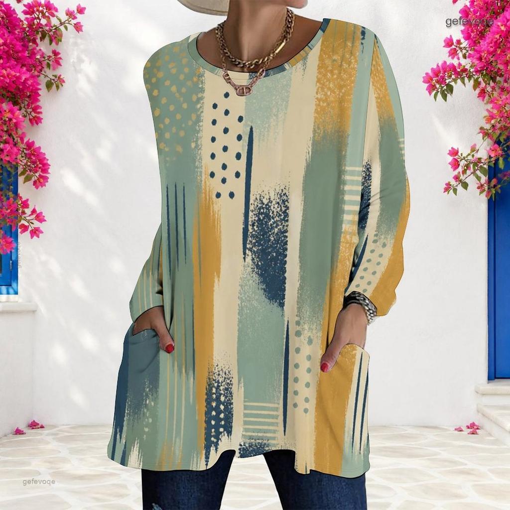 Women Plus Size Round Neck Long Sleeve Blue Printed Loose Longline T Shirt With Pockets