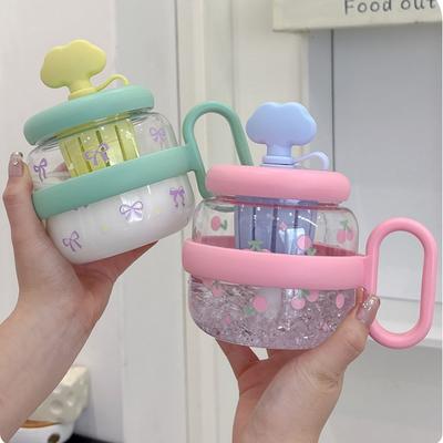 830ml Wolkenbauch Becher Niedlicher Cartoon Große Kapazität Plastik Wasserbecher Tragbar Tee Trennung Strohhalm Blume Teetasse mit Griff