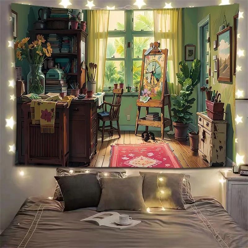Charming Cottage Bedroom Tapestry Cozy Interior Lush Greenery Unique Wall Art for Home Decor Nature Lover Gift