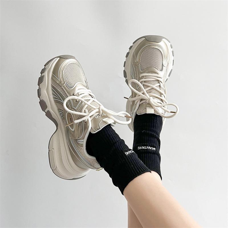 Silver and gray versatile heightened platform dad shoes women's 2025 new summer popular mesh student lightweight sports shoes